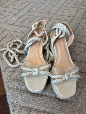 JustFab Cream Rope Tie Sandals with Clear Strap